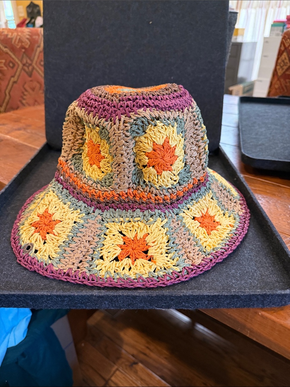 Peter Grimm Multicolor Crochet Bucket Hat in Yellow, Orange, Tan and Purple